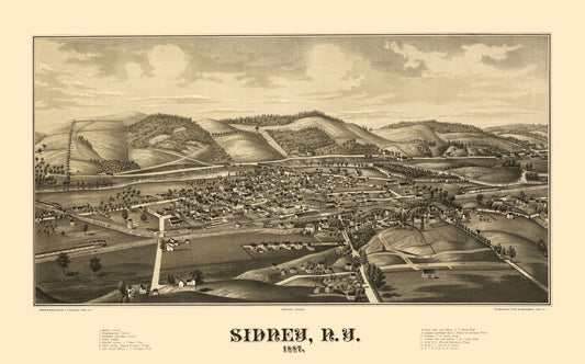 Historic Panoramic View - Sidney New York - Burleigh 1887 - 36.98 x 23 - Vintage Wall Art