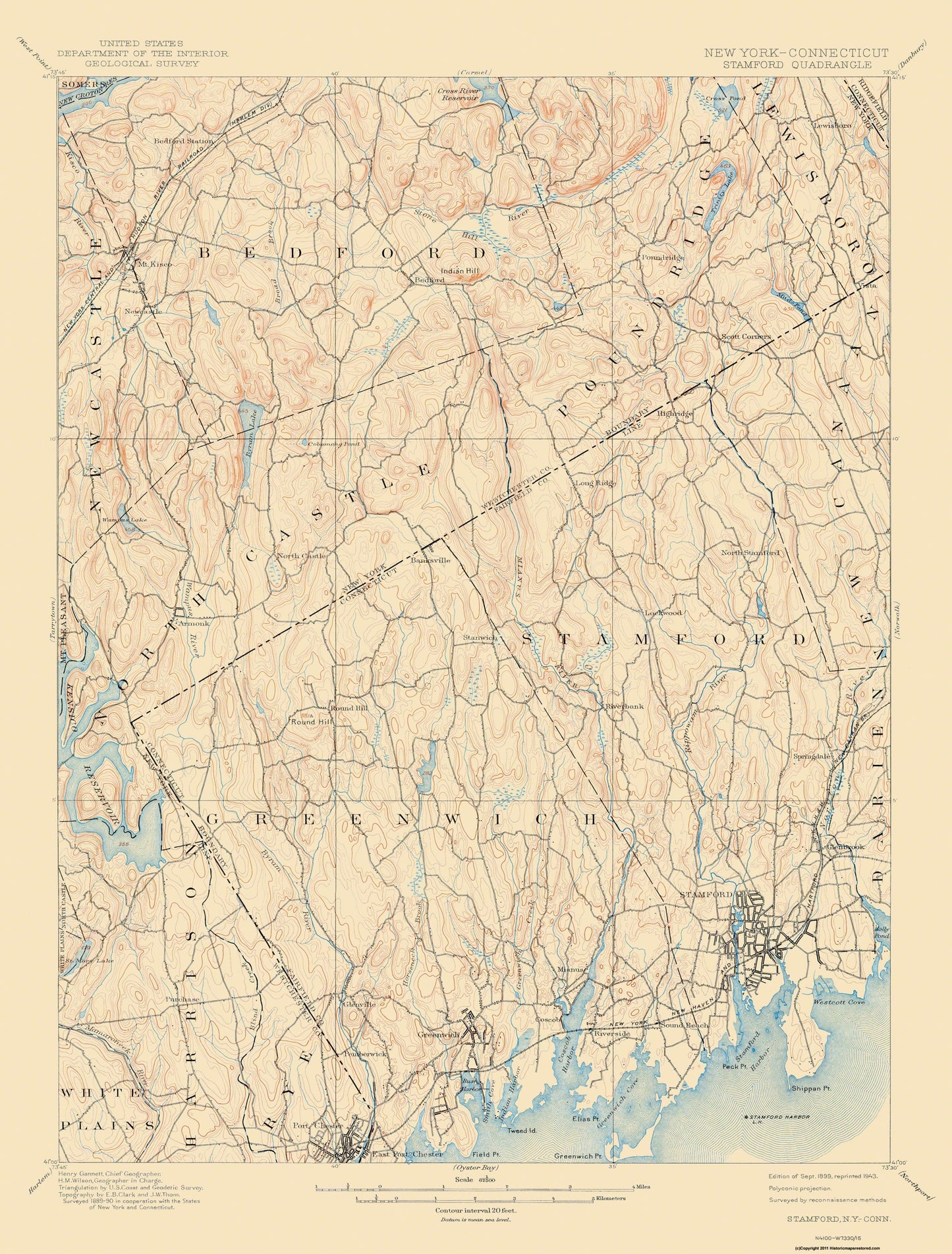 Topographical Map - Stamford New York Connecticut Quad - USGS 1899 - 23 x 30.21 - Vintage Wall Art