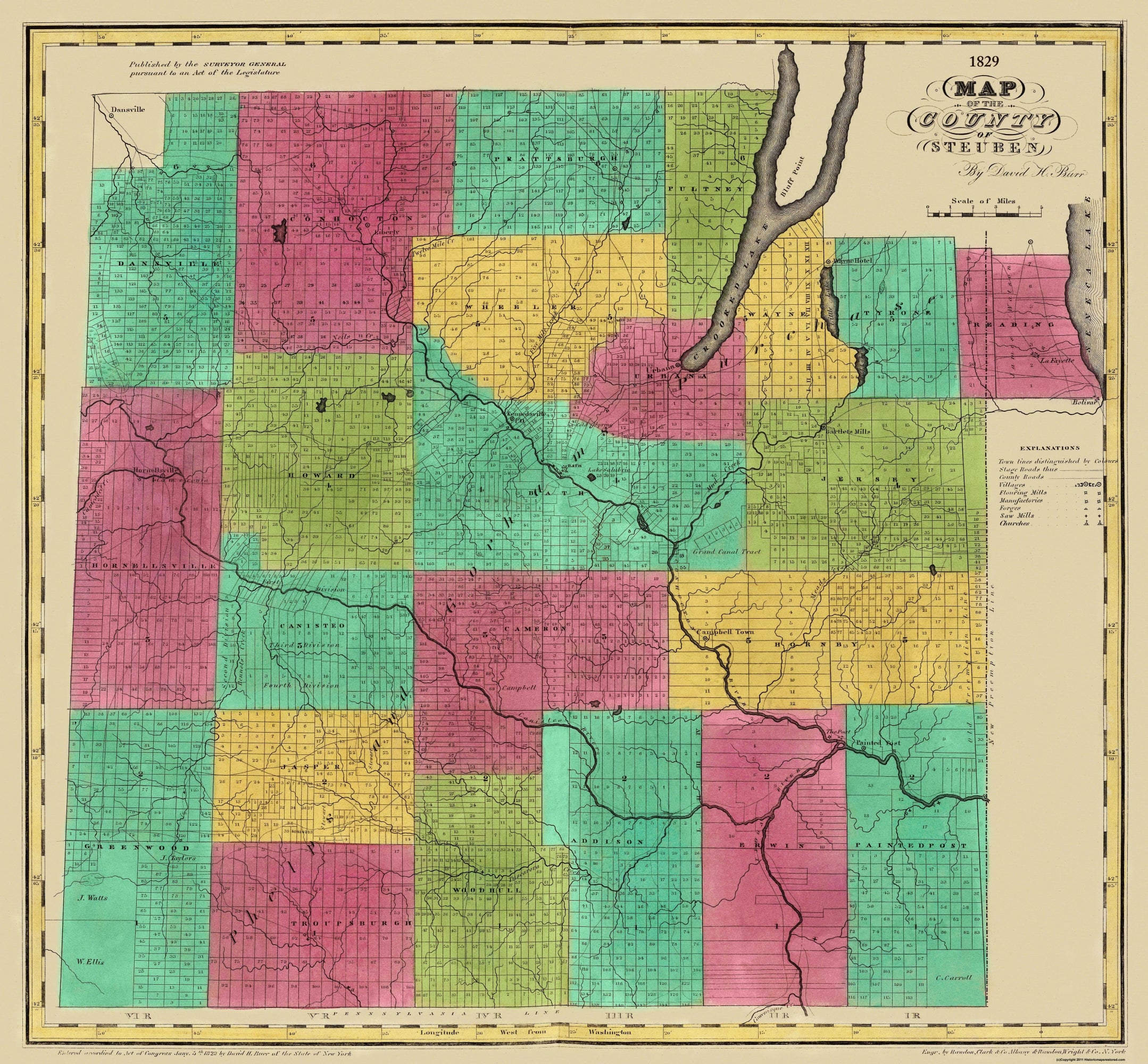 Historic County Map - Steuben County New York - Burr 1829 - 24.81 x 23 ...