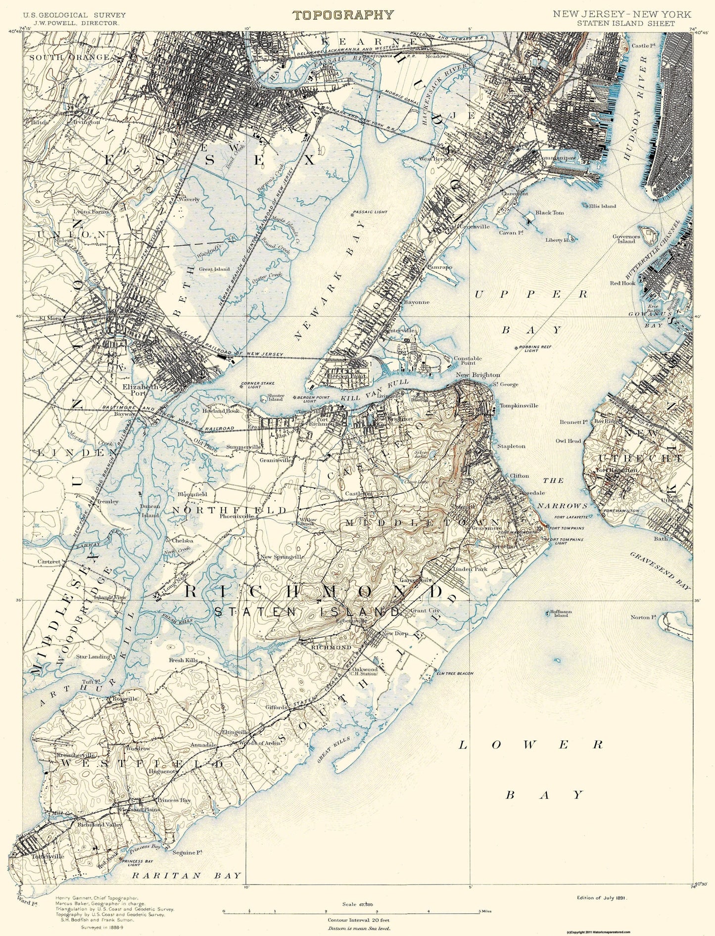 Topographical Map - Staten Island New York New Jersey Sheet - USGS 1891 - 23 x 30.11 - Vintage Wall Art