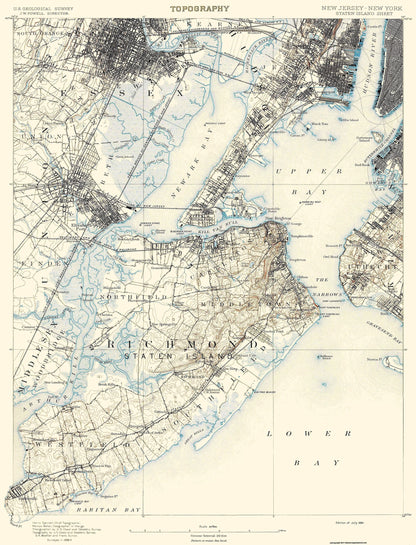 Topographical Map - Staten Island New York New Jersey Sheet - USGS 1891 - 23 x 30.11 - Vintage Wall Art