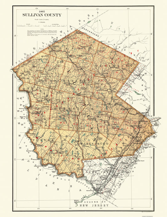 Historic County Map - Sullivan County New York - Bien 1895 - 23 x 29.81 - Vintage Wall Art