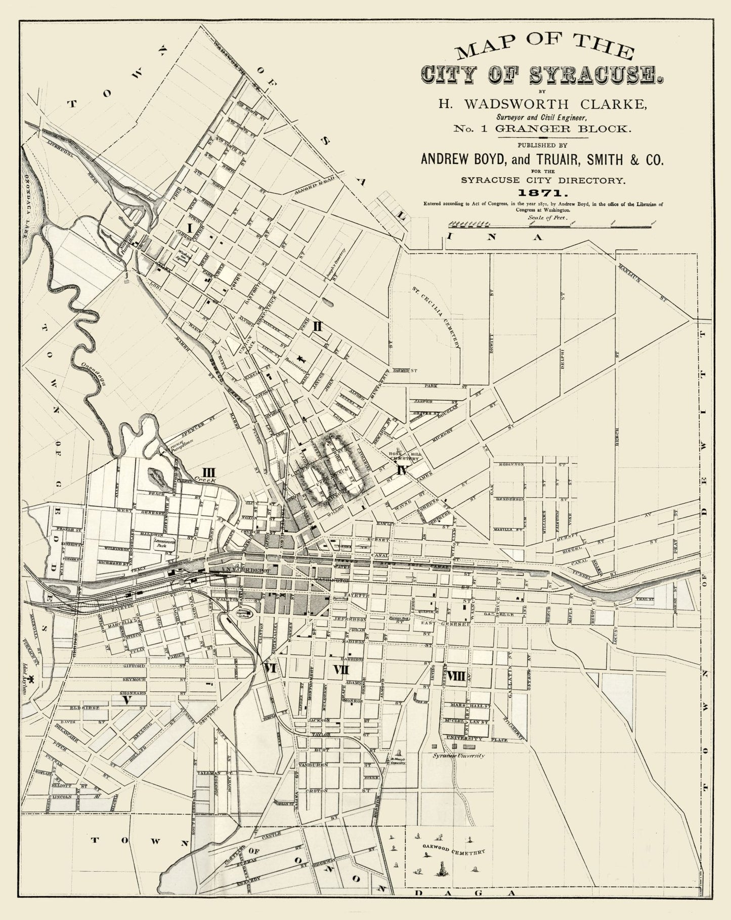 Historic City Map - Syracuse New York - Clarke 1871 - 23 x 28.95 - Vintage Wall Art