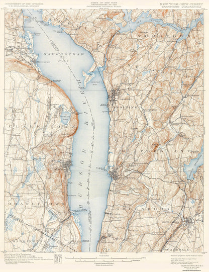 Topographical Map - Tarrytown New York New Jersey Quad - USGS 1902 - 23 x 29.92 - Vintage Wall Art