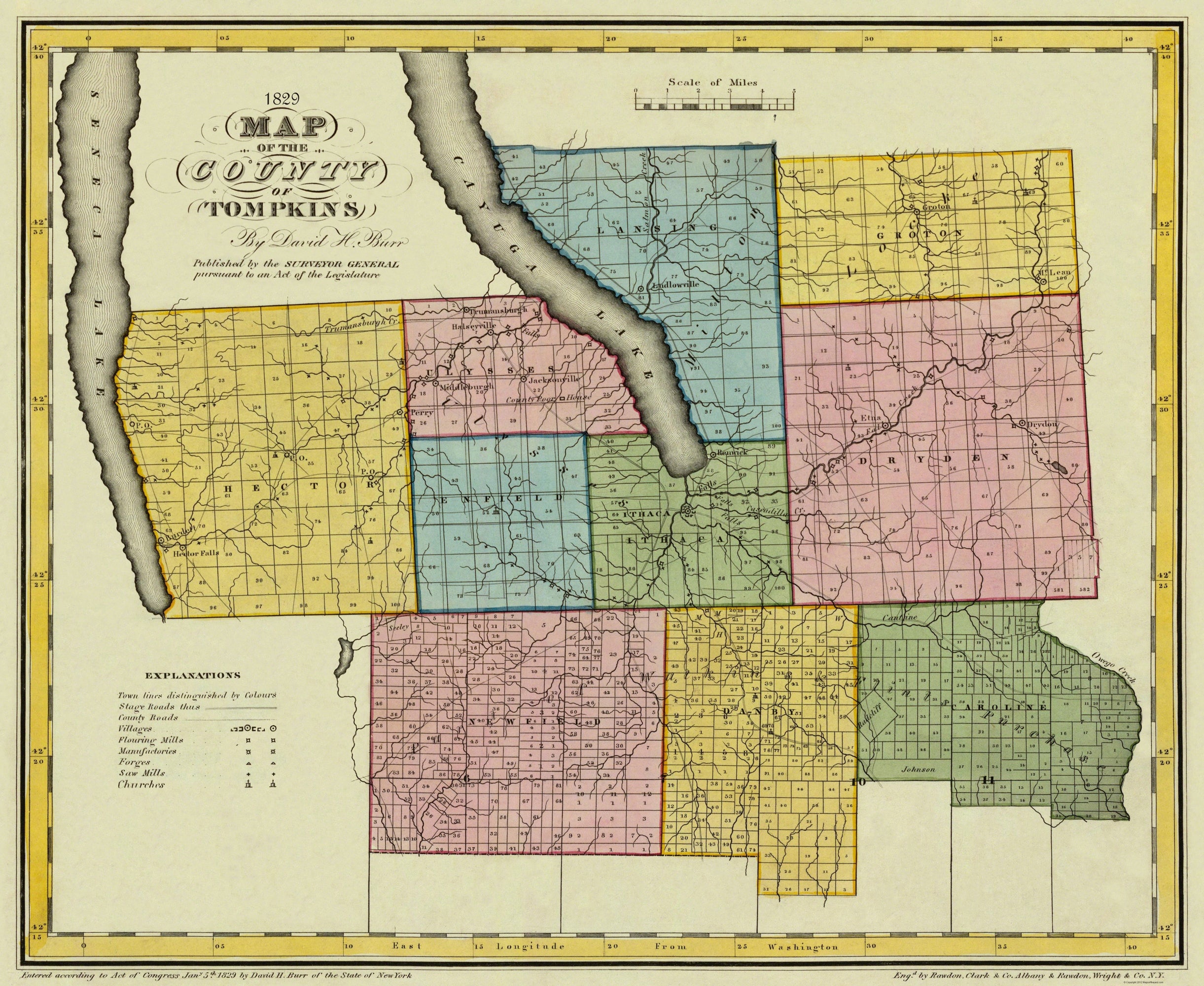 Historic County Map - Tompkins County New York - Burr 1829 - 28.06 x 2