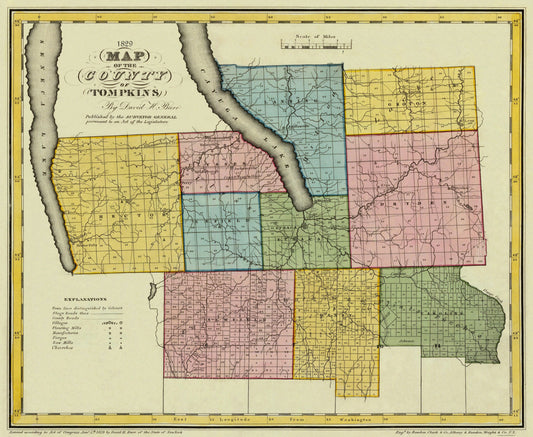 Historic County Map - Tompkins County New York - Burr 1829 - 28.06 x 23 - Vintage Wall Art