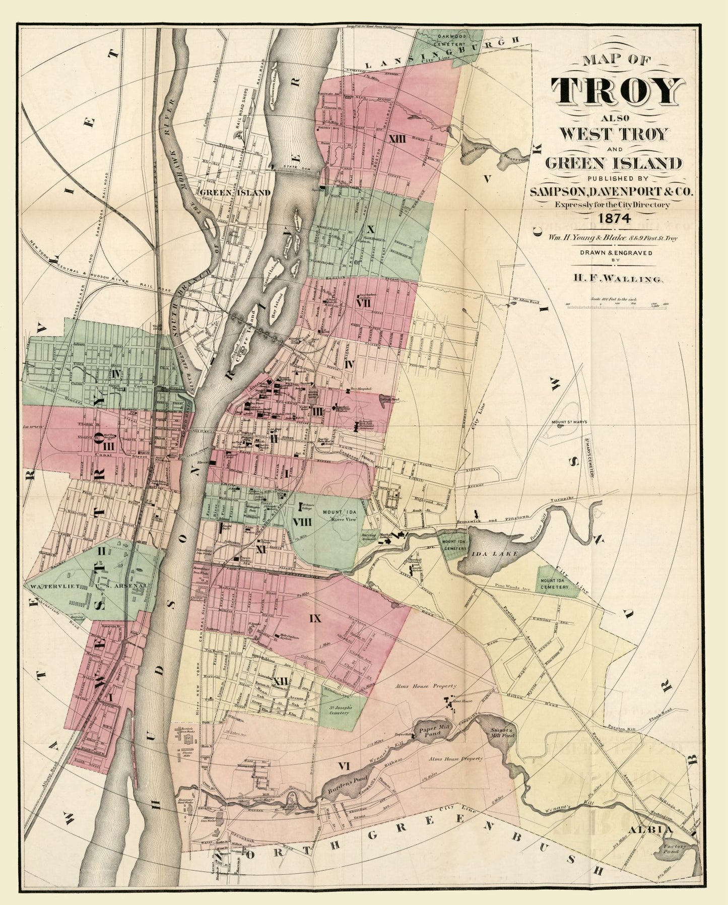 Historic City Map - Troy New York - Walling 1874 - 23 x 28.59 - Vintage Wall Art