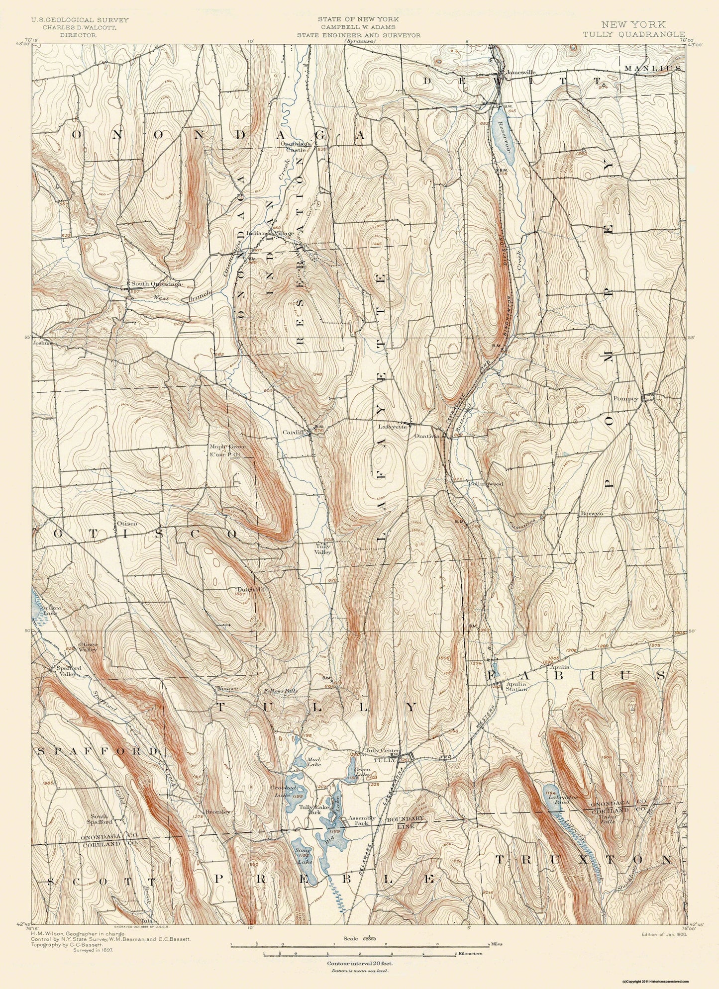 Topographical Map - Tully New York Quad - USGS 1900 - 23 x 31.66 - Vintage Wall Art