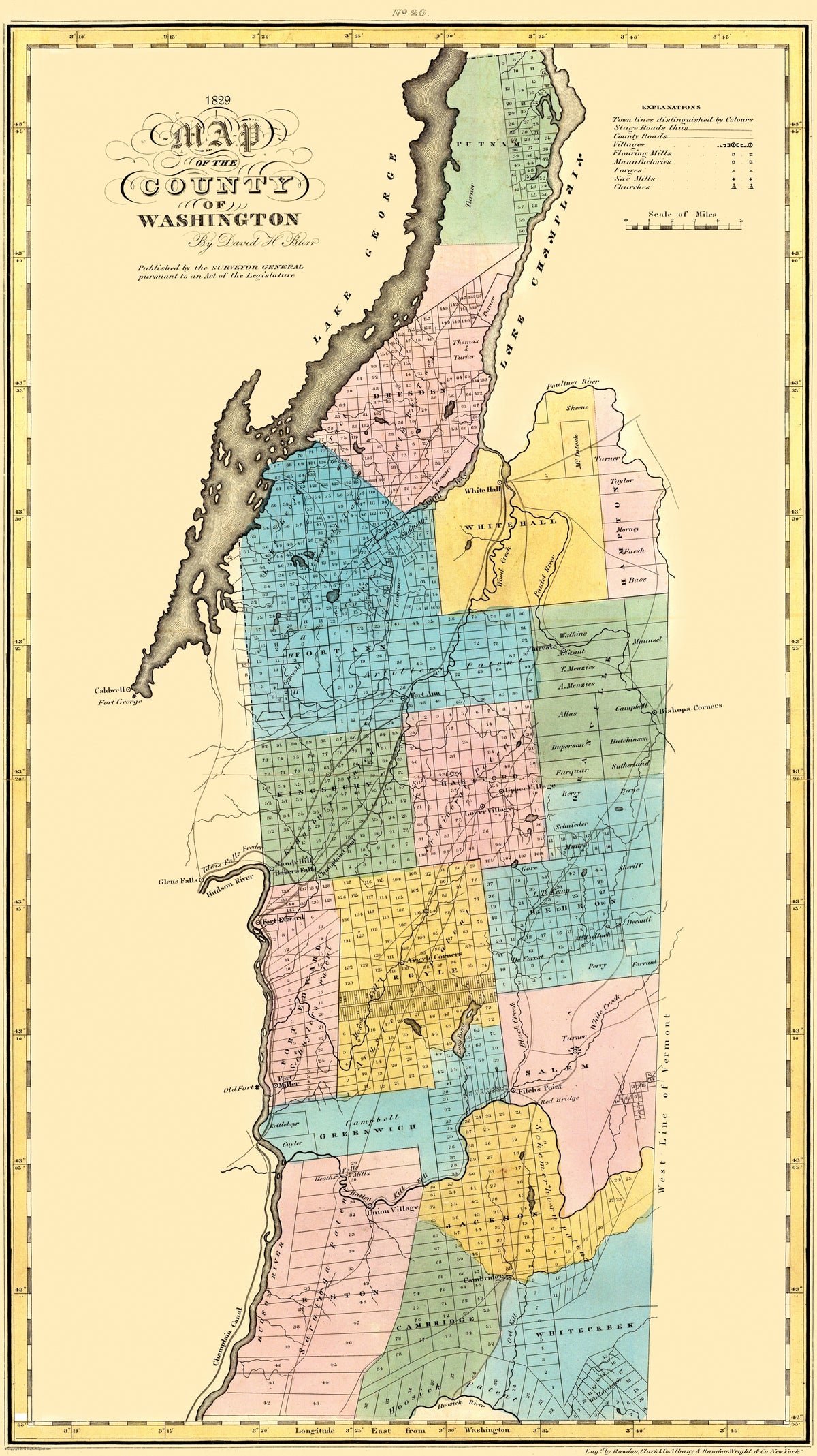 Historic County Map - Washington County New York - Burr 1829 - Vintage ...