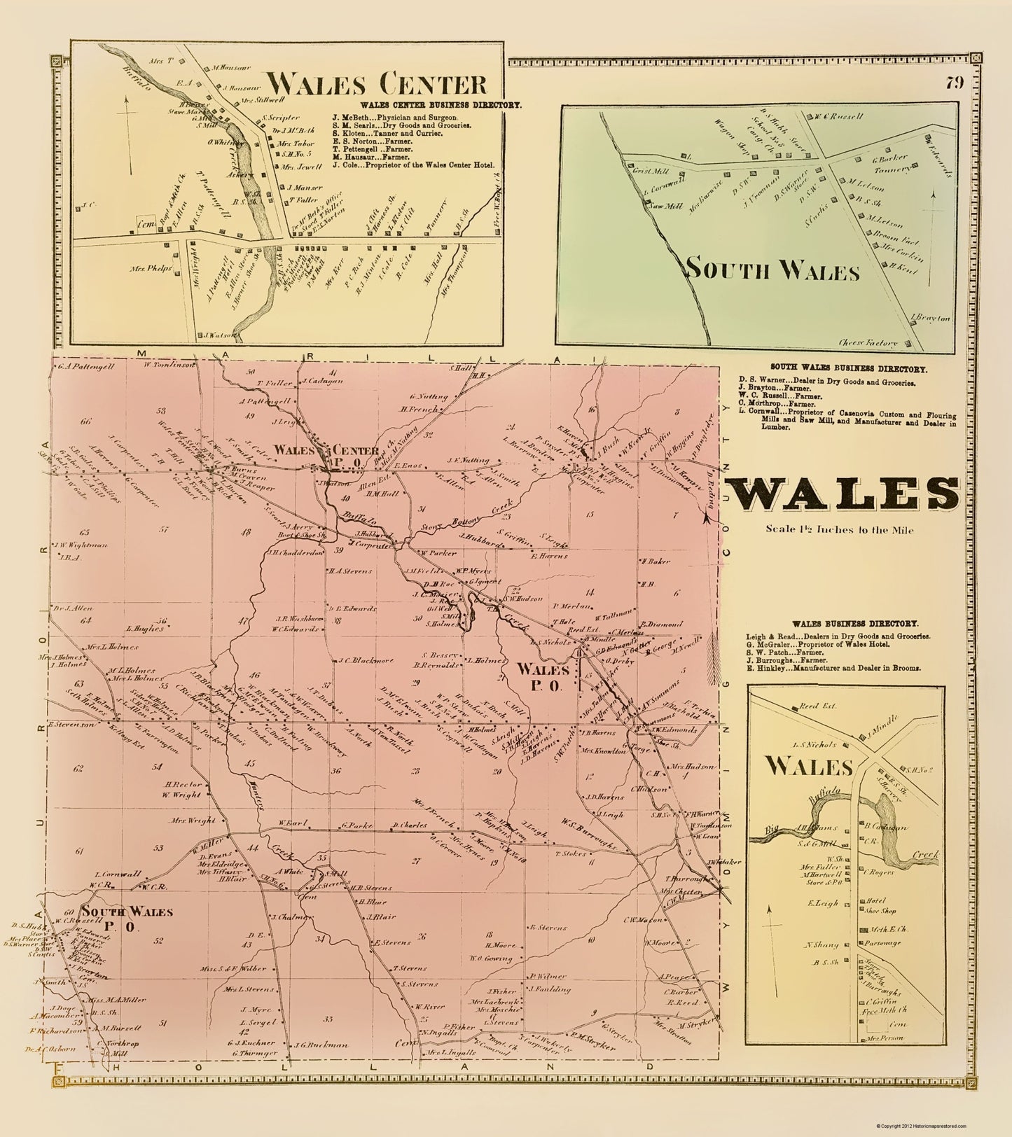 Historic City Map - Wales New York - Stone 1866 - 23 x 25.85 - Vintage Wall Art