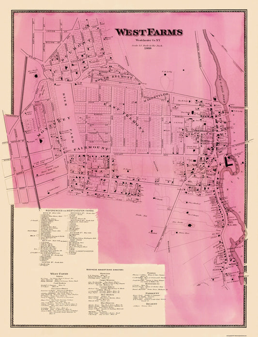 Historic City Map - West Farms New York - Beers 1868 - 23 x 30 - Vintage Wall Art