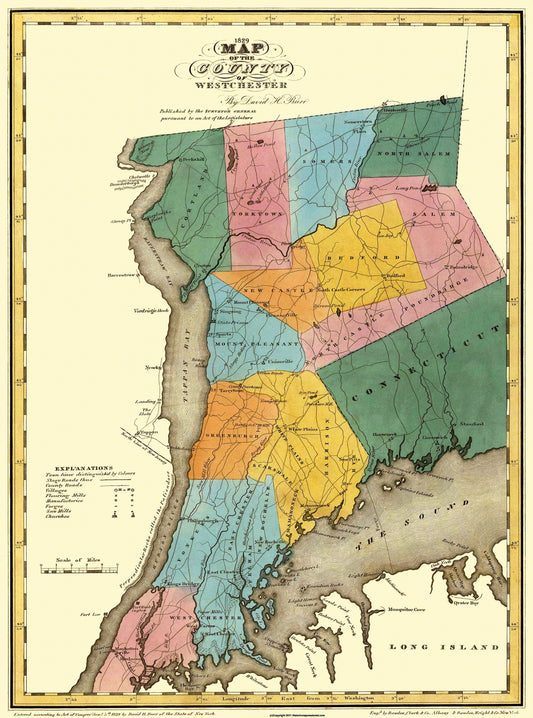 Historic County Map - Westchester County New York - Burr 1829 - 23 x 31 - Vintage Wall Art