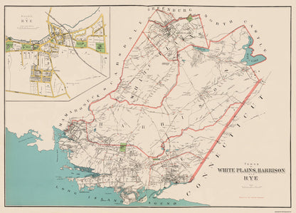 Historic City Map - White Plains Harrison Rye New York - Bien 1893 - 32 x 23 - Vintage Wall Art