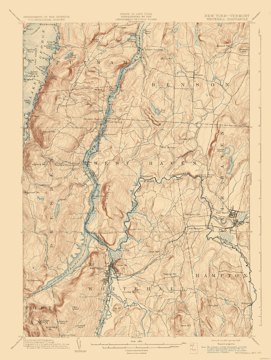Topographical Map - Whitehall New York Vermont Quad - USGS 1902 - 23 x 30.53 - Vintage Wall Art