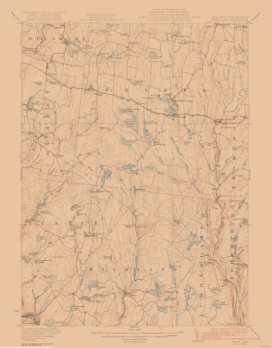Topographical Map - White Lake New York Quad - USGS 1922 - 23 x 29.42 - Vintage Wall Art
