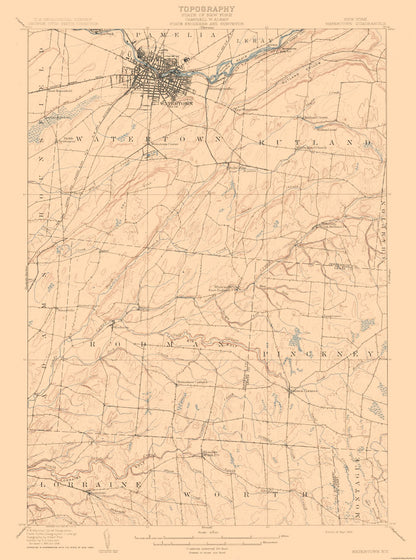 Topographical Map - Watertown New York Quad - USGS 1909 - 23 x 30.96 - Vintage Wall Art