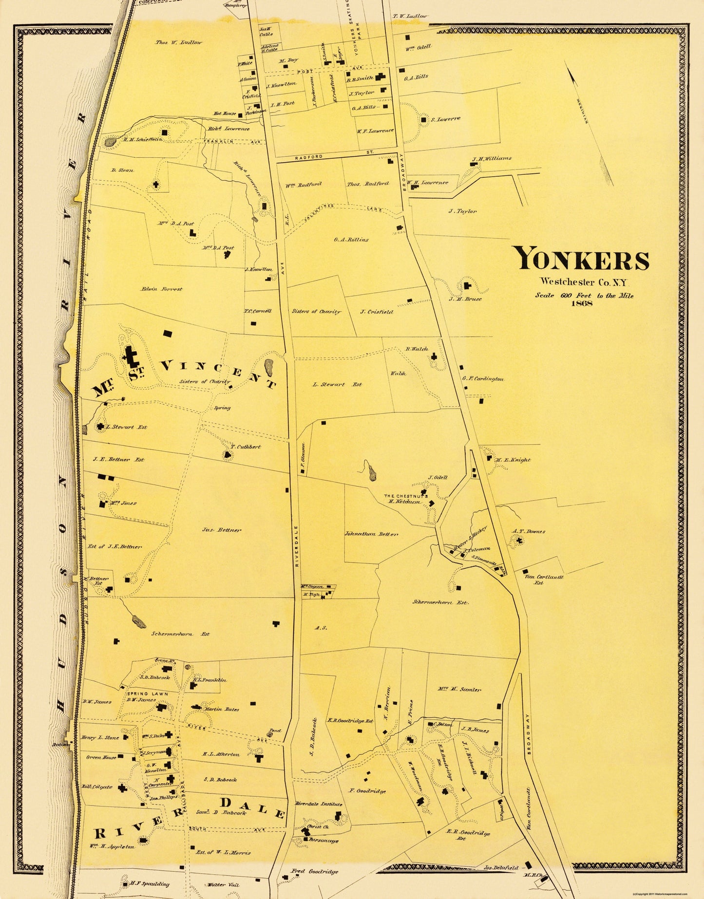 Historic City Map - Yonkers Central New York - Beers 1868 - 23 x 29.38 - Vintage Wall Art