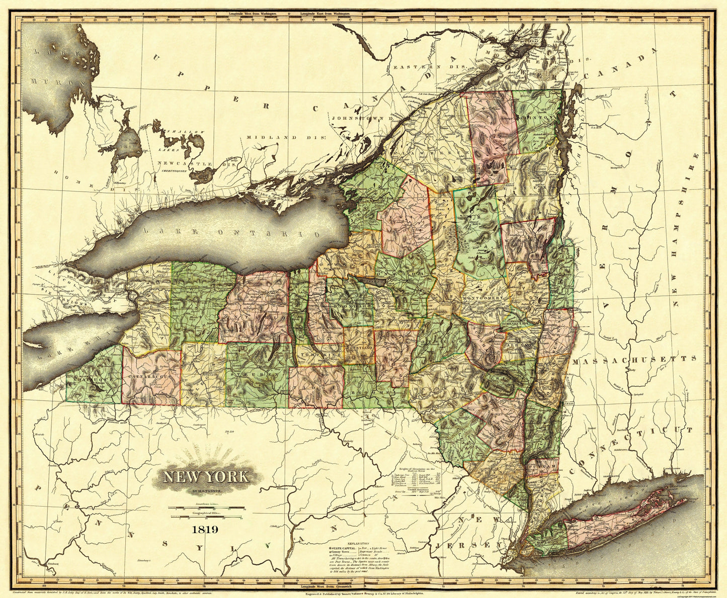 Historic State Map - New York - Tanner 1819 - 27.94 x 23 - Vintage Wall Art