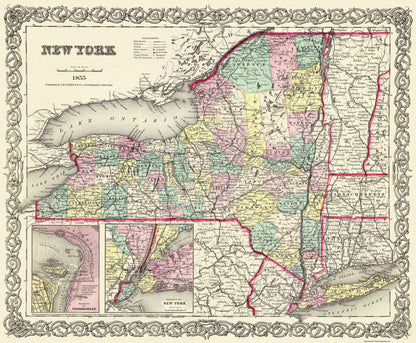 Historic State Map - New York - Colton 1855 - 27.88 x 23 - Vintage Wall Art