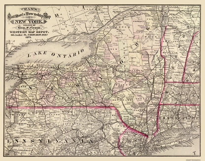 Historic State Map - New York - Cram 1875 - 29.38 x 23 - Vintage Wall Art