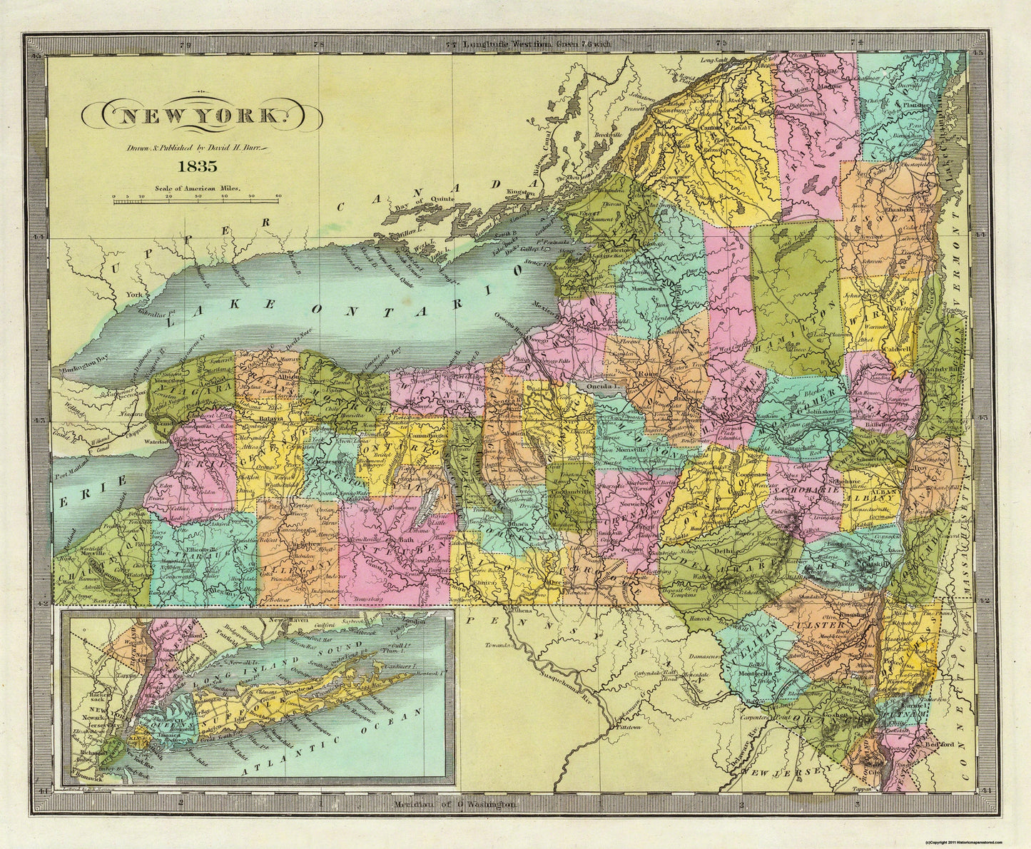 Historic State Map - New York - Burr 1835 - 27.94 x 23 - Vintage Wall Art