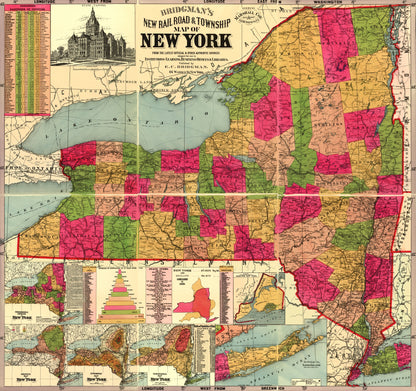 Railroad Map - New York Railroads Townships - Bridgman 1896 - 23 x 24.46 - Vintage Wall Art