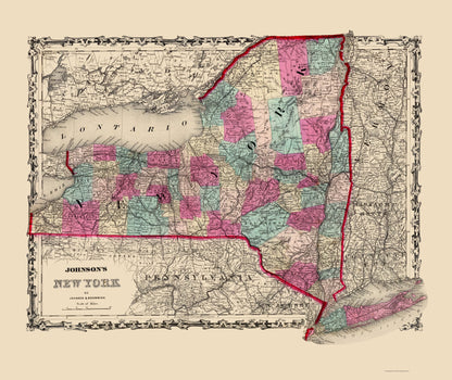 Historic State Map - New York - Johnson 1860 - 23 x 27.32 - Vintage Wall Art