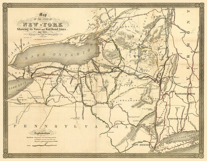 Railroad Map - New York Railroads- Clark 1855 - 29.50 x 23 - Vintage Wall Art