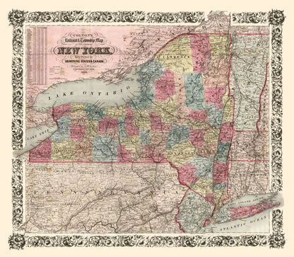 Railroad Map - New York Railroads- Colton 1852 - 26.38 x 23 - Vintage Wall Art