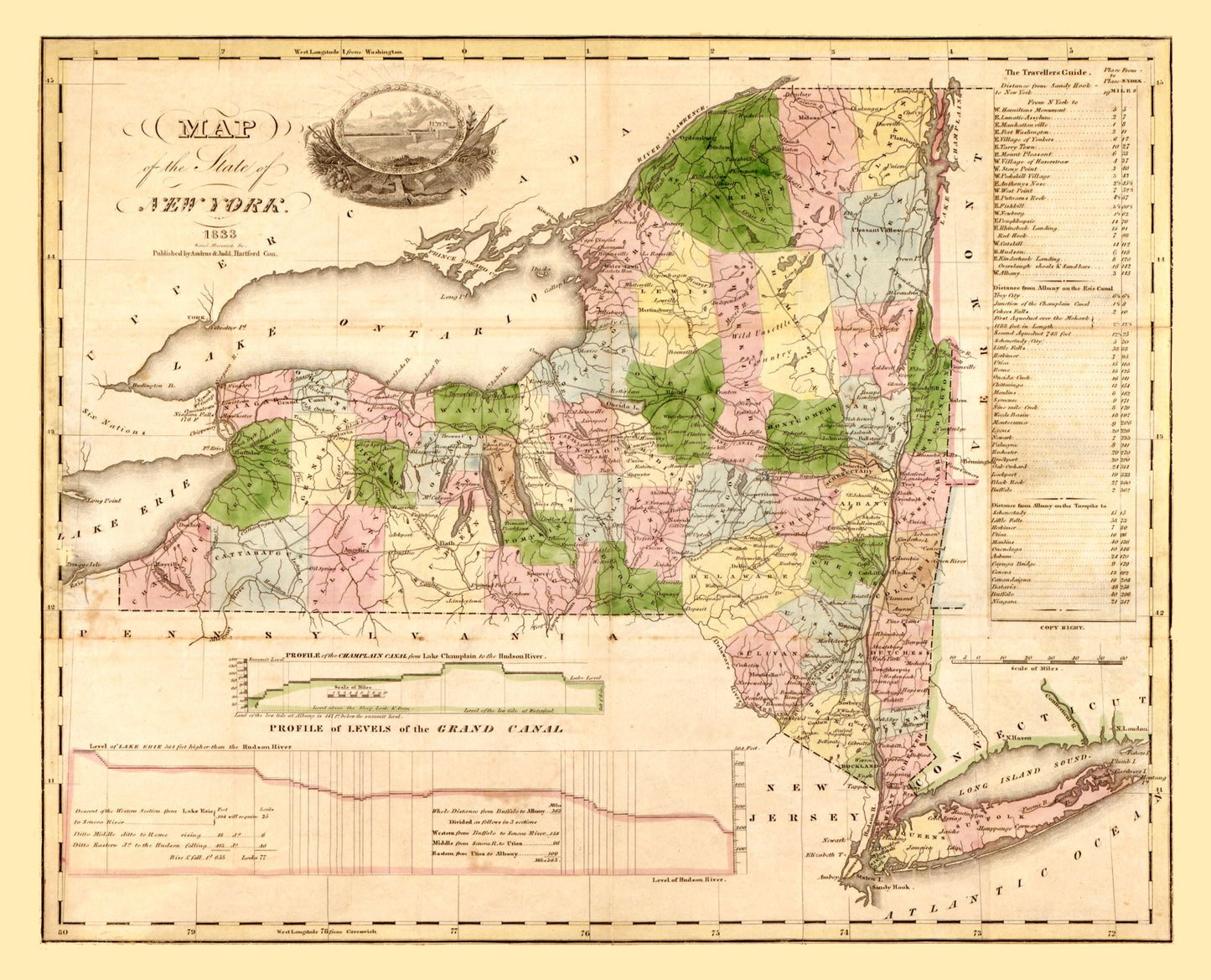 Historic State Map - New York - Andrus 1833 - 28.44 x 23 - Vintage Wall Art