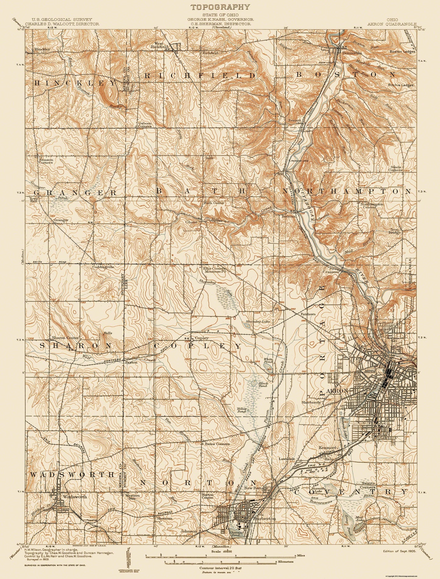 Topographical Map - Akron Ohio Quad - USGS 1905 - 23 x 30.28 - Vintage Wall Art