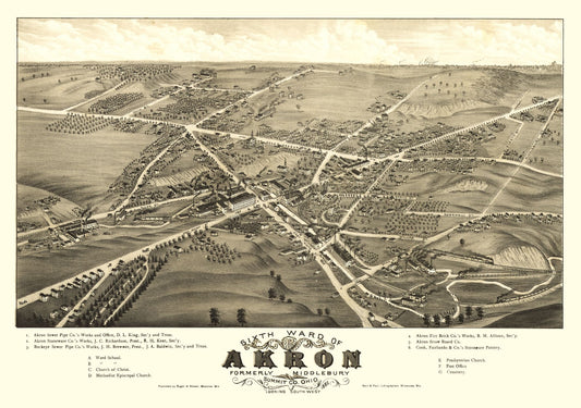 Historic Panoramic View - Akron Ohio - Stoner 1882 - 32.70 x 23 - Vintage Wall Art