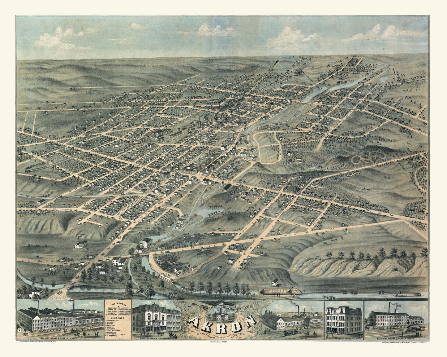 Historic Panoramic View - Akron Ohio - Stoner 1870 - 28.85 x 23 - Vintage Wall Art