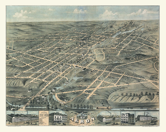 Historic Panoramic View - Akron Ohio - Stoner 1870 - 28.85 x 23 - Vintage Wall Art