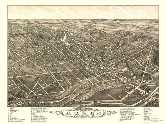 Historic Panoramic View - Akron Ohio - Stoner 1882 - 30.60 x 23 - Vintage Wall Art