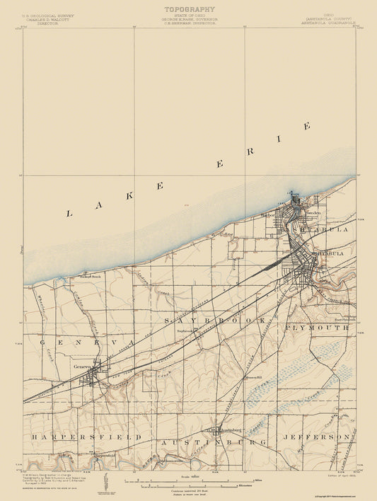 Topographical Map - Ashtabula Ohio Quad Quad - USGS 1905 - 23 x 30.55 - Vintage Wall Art