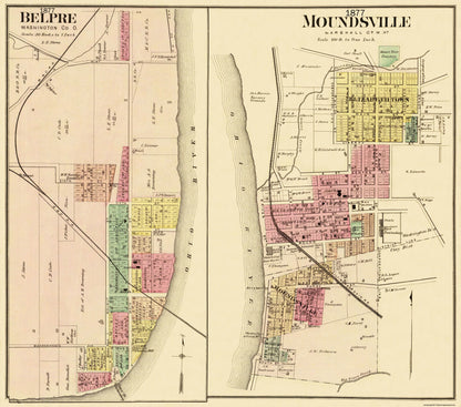 Historic City Map - Belpre Moundsville Ohio - Hayes 1877 - 26.06 x 23 - Vintage Wall Art