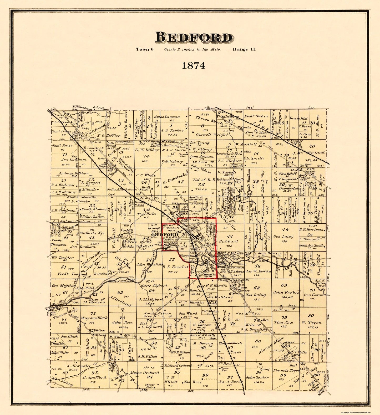 Historic City Map - Bedford Ohio - Titus 1874 - 23 x 25.13 - Vintage Wall Art