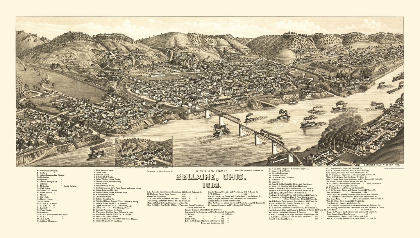 Historic Panoramic View - Bellaire Ohio - Beck 1882 - 23 x 40.47 - Vintage Wall Art