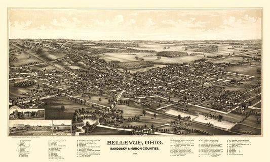 Historic Panoramic View - Bellevue Ohio - Norris 1888 - 38.18 x 23 - Vintage Wall Art