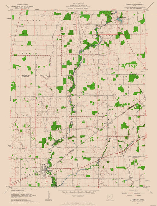 Topographical Map - Caledonia Ohio Quad - USGS 1961 - 23 x 30.03 - Vintage Wall Art