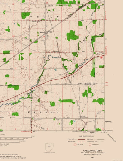 Topographical Map - Caledonia Ohio Quad - USGS 1961 - 23 x 30.03 - Vintage Wall Art