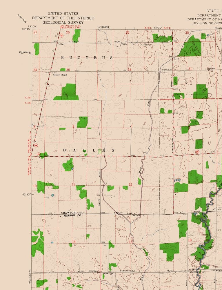 Topographical Map - Caledonia Ohio Quad - USGS 1961 - 23 x 30.03 - Vin ...