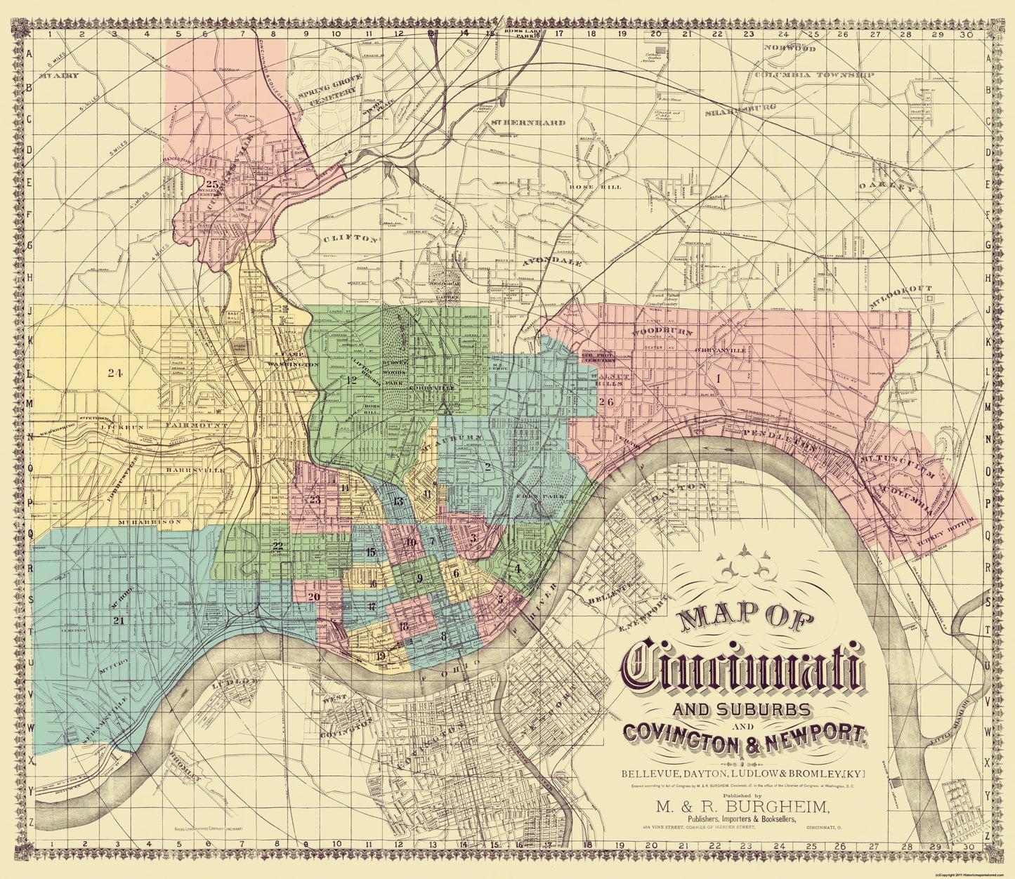 Historic City Map - Cincinnati Suburbs Ohio - Burgheim 1870 - 26.56 x 23 - Vintage Wall Art