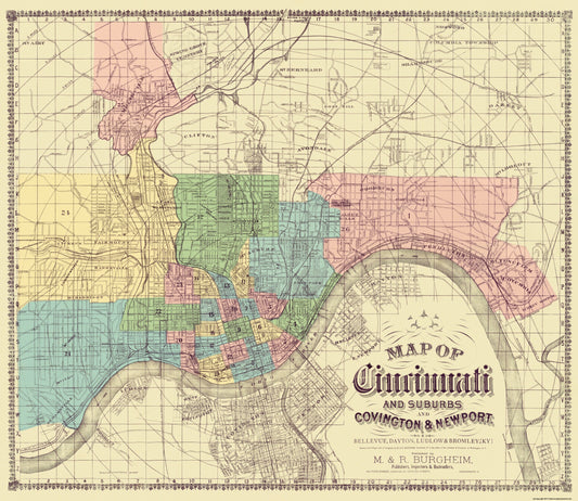 Historic City Map - Cincinnati Suburbs Ohio - Burgheim 1870 - 26.56 x 23 - Vintage Wall Art