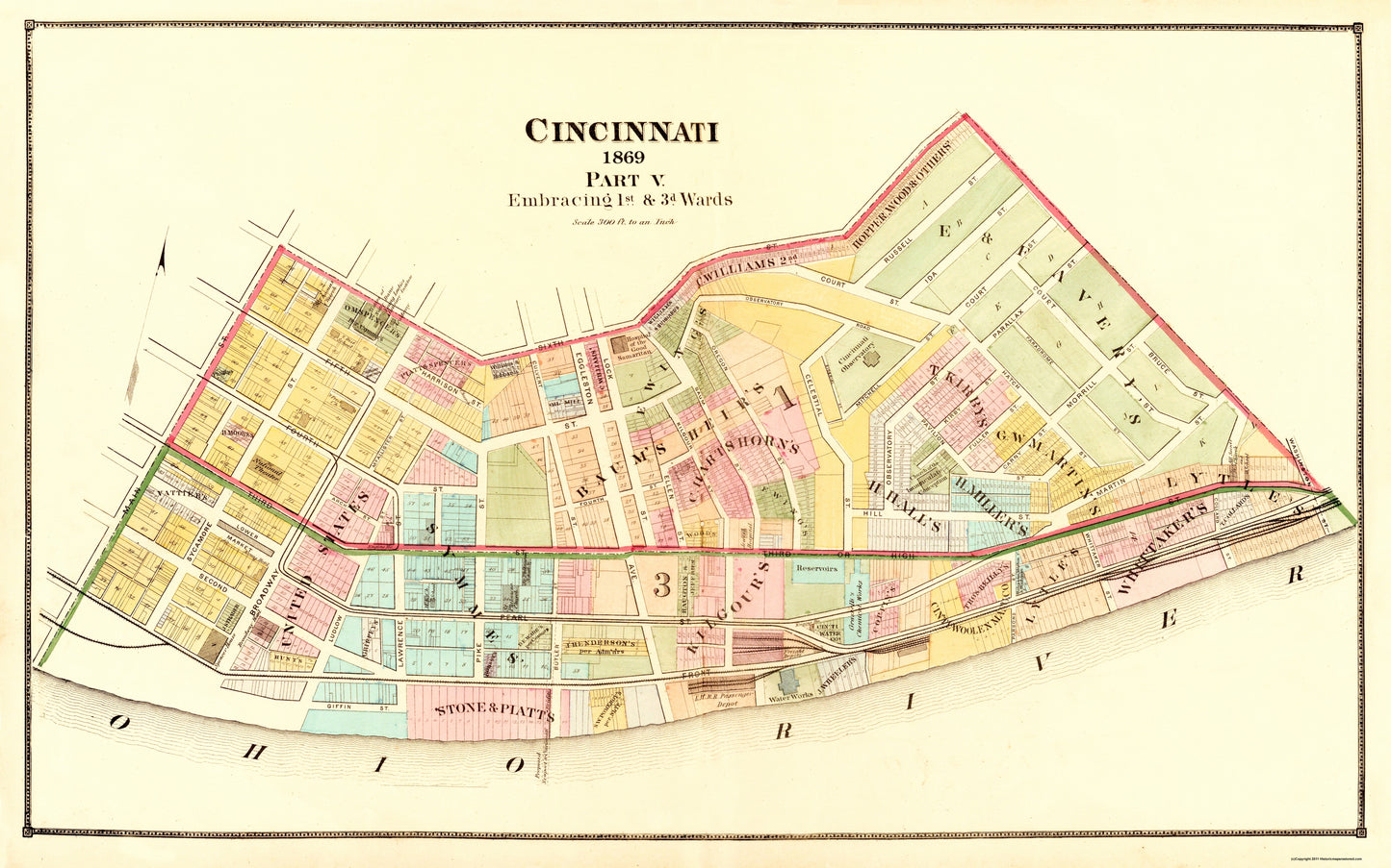 Historic City Map - Cincinnati Ohio - Beers 1869 - 36.81 x 23 - Vintage Wall Art