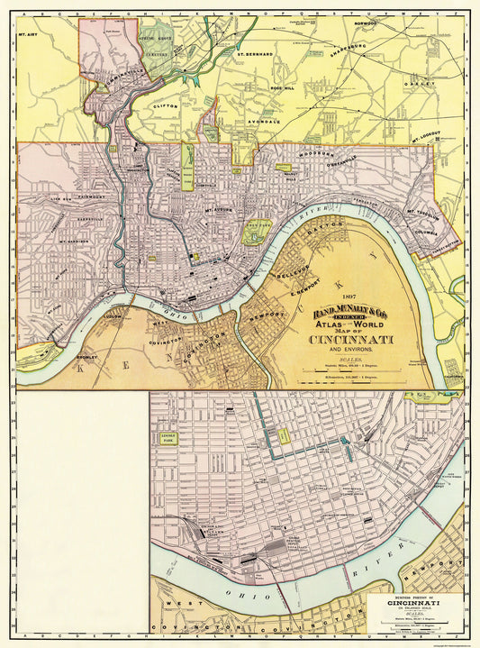 Historic City Map - Cincinatti Ohio - Rand McNally 1897 - 23 x 31 - Vintage Wall Art