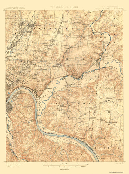 Topographical Map - Cincinnati East Ohio Kentucky Quad - USGS 1900 - 23 x 31.09 - Vintage Wall Art