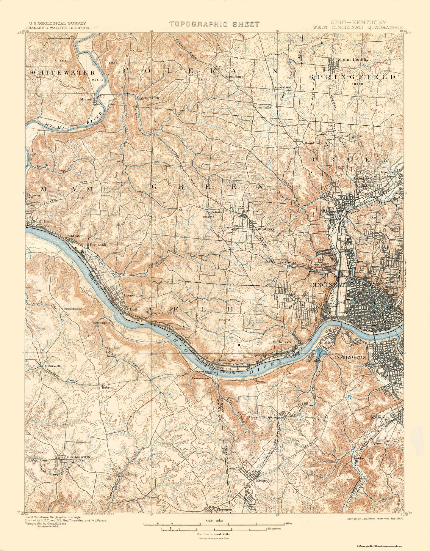 Topographical Map - Cincinnati West Ohio Kentucky Quad - USGS 1900 - 23 x 29.51 - Vintage Wall Art