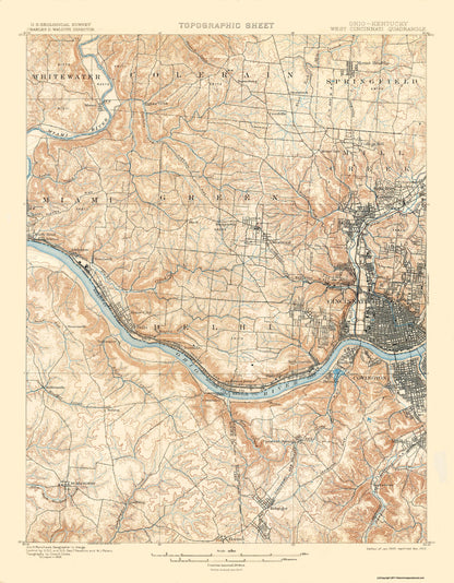 Topographical Map - Cincinnati West Ohio Kentucky Quad - USGS 1900 - 23 x 29.51 - Vintage Wall Art